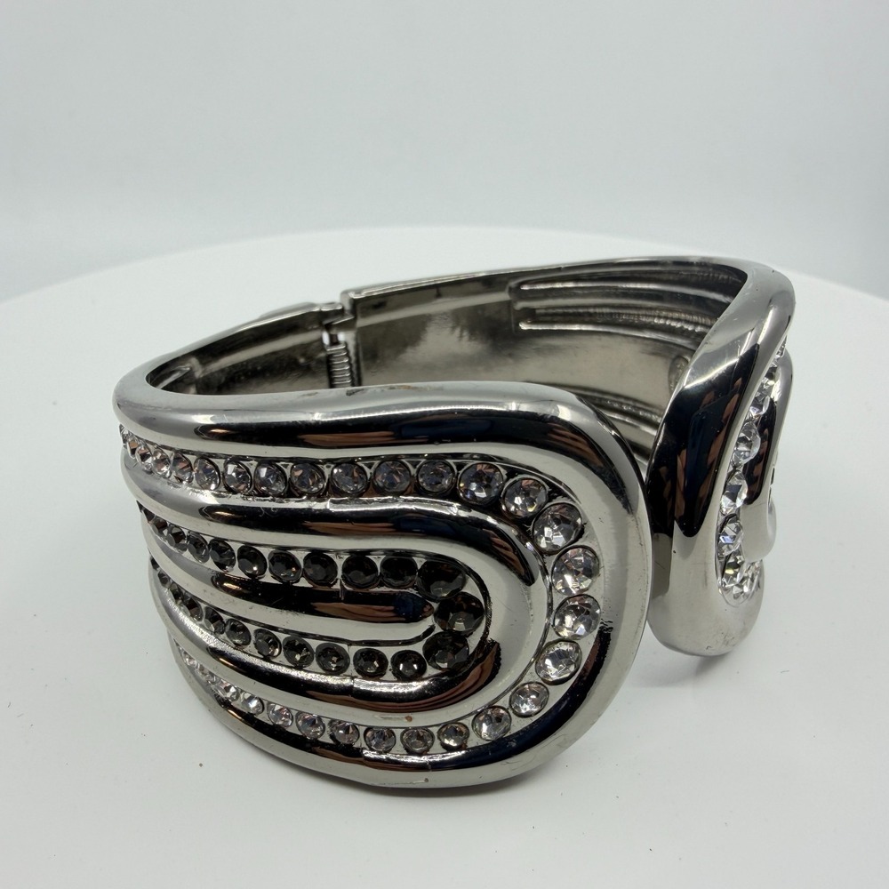 Y2K Silver Tone Hinged Cuff Bracelet with Rhinestones - Bold Modern Design